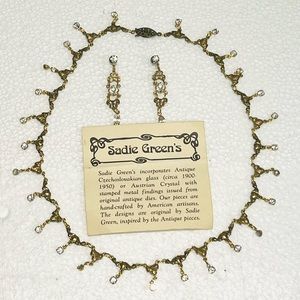 Vintage Hand Crafted Necklace Earrings Set Sadie Green Heart Crystals Filigree